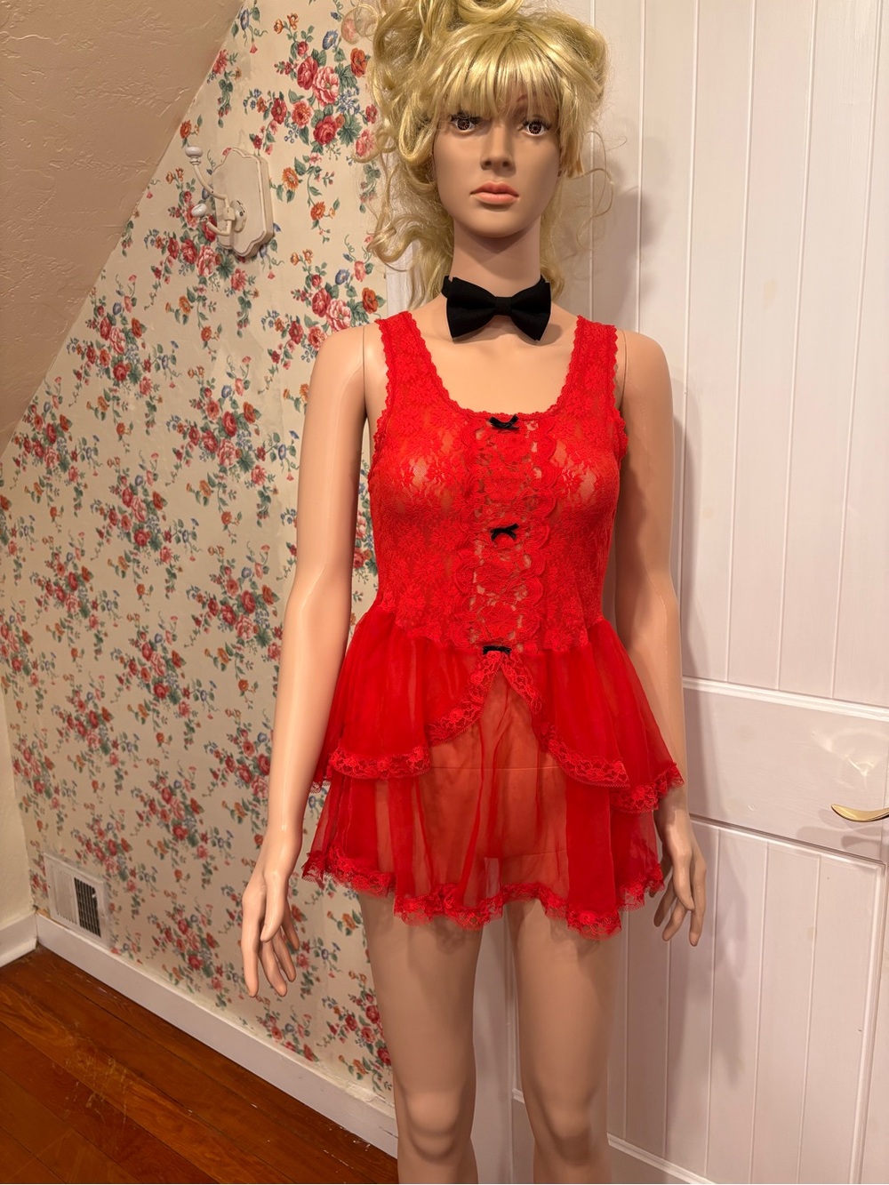 Vintage Midnight Red Lace Babydoll Lingerie Dress L Burlesque Costume
